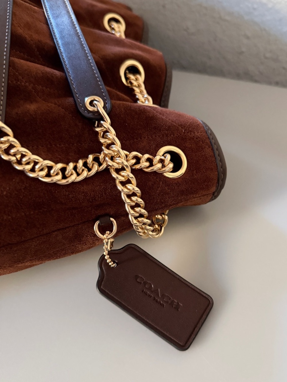 NWT Coach Evelyn Shoulder Bag With Quilting Suede with Gold Chain Trim - Picture 15 of 16